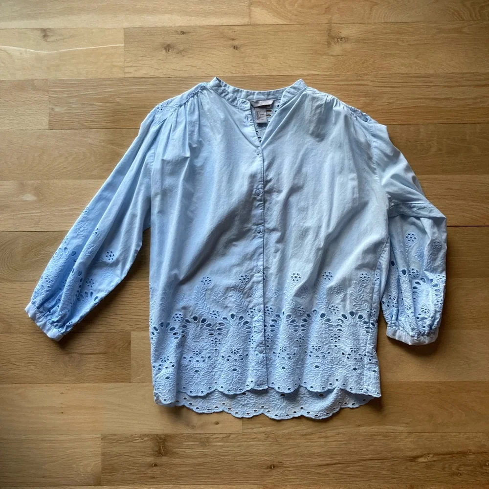 H&M Eyelet Floral Button Down Blouse Size 4 Baby Blue